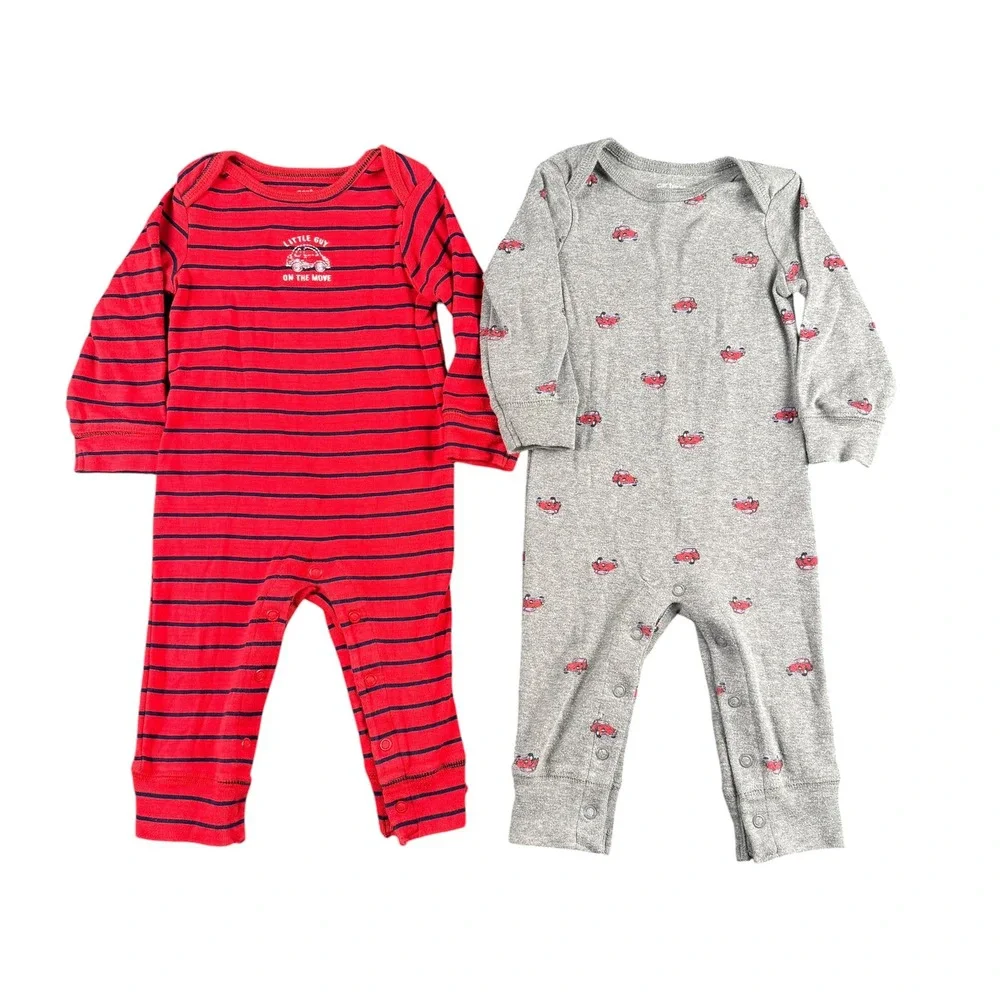 Carters Baby Boy 9M Romper Set 2 Pack Red Striped Gray Car Print Long Sleeve 841